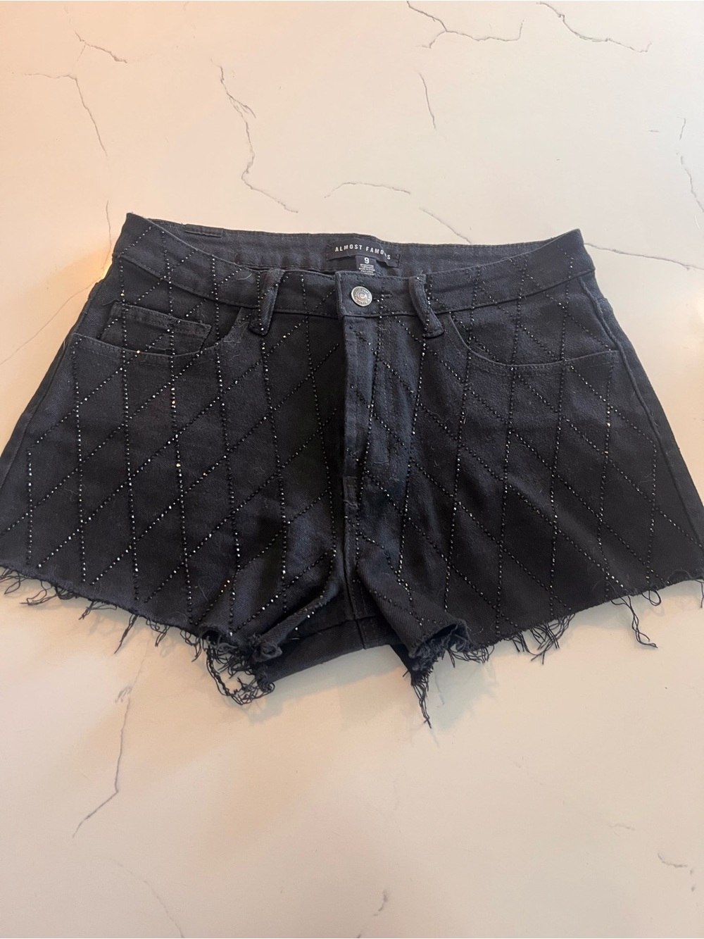 Almost Famous Black Diamond-Studded Denim Shorts